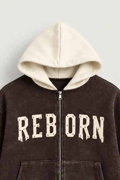 Reborn - Kahverengi - Oversize Fit Fermuarlı - Kapüşonlu Erkek Sweatshirt
