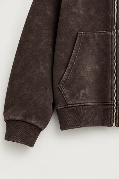 Reborn - Kahverengi - Oversize Fit Fermuarlı - Kapüşonlu Erkek Sweatshirt