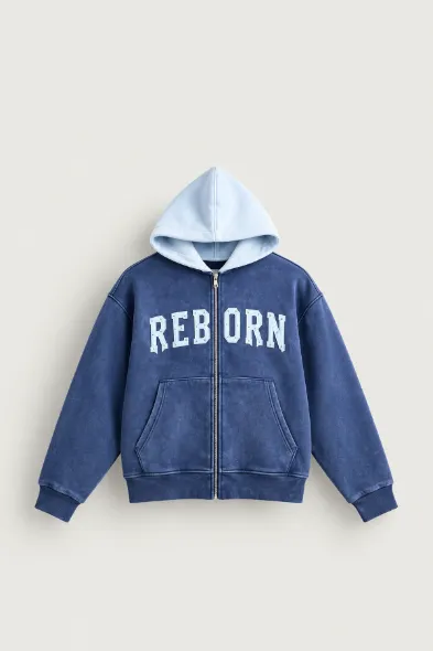Reborn - Lacivert - Oversize Fit Fermuarlı - Kapüşonlu Erkek Sweatshirt