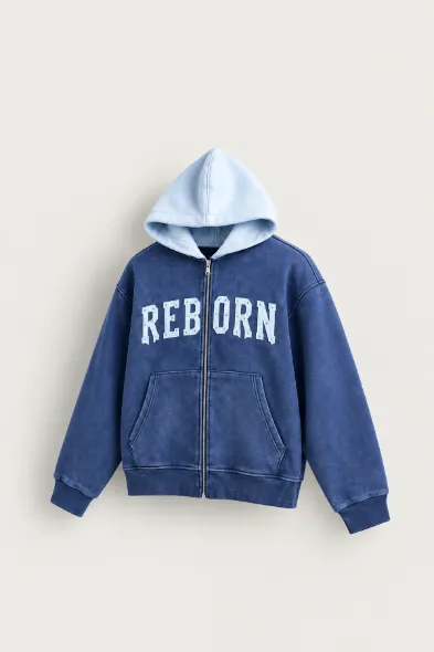 Reborn - Lacivert - Oversize Fit Fermuarlı - Kapüşonlu Erkek Sweatshirt