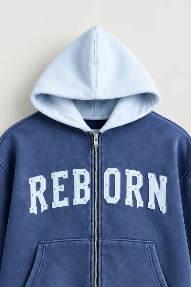 Reborn - Lacivert - Oversize Fit Fermuarlı - Kapüşonlu Erkek Sweatshirt
