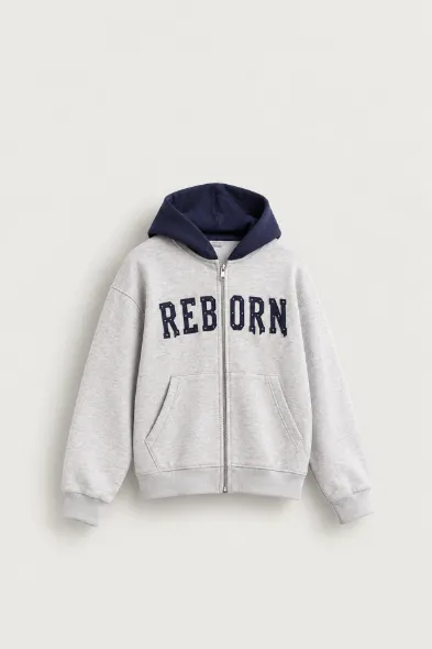 Reborn - Gri - Oversize Fit Fermuarlı - Kapüşonlu Erkek Sweatshirt