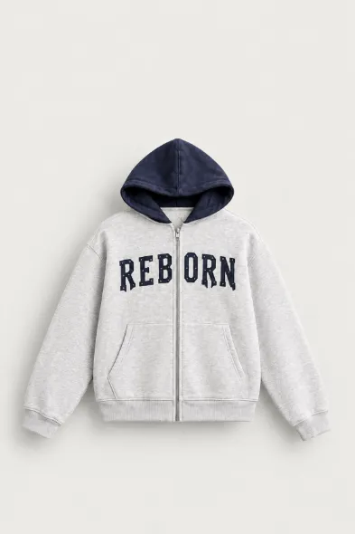 Reborn - Gri - Oversize Fit Fermuarlı - Kapüşonlu Erkek Sweatshirt