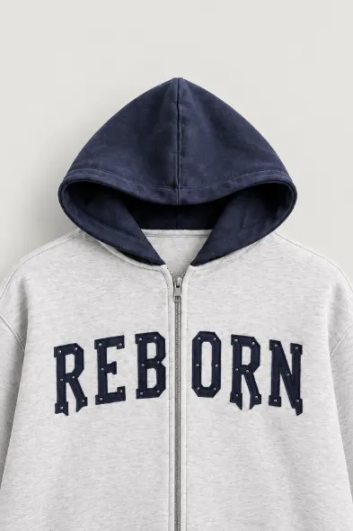 Reborn - Gri - Oversize Fit Fermuarlı - Kapüşonlu Erkek Sweatshirt