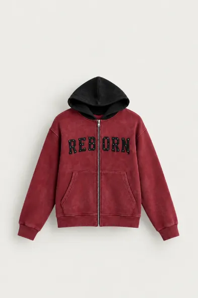 Reborn - Kırmızı - Oversize Fit Fermuarlı - Kapüşonlu Erkek Sweatshirt