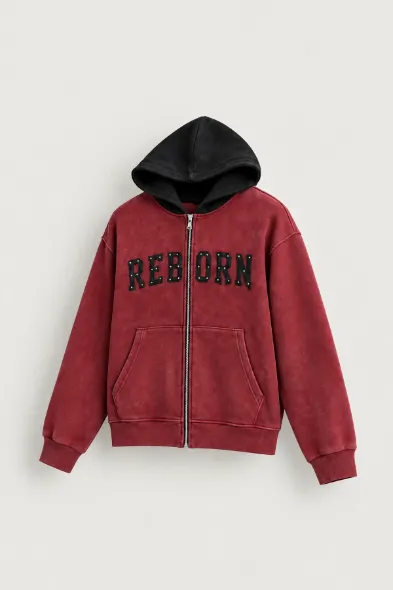 Reborn - Kırmızı - Oversize Fit Fermuarlı - Kapüşonlu Erkek Sweatshirt
