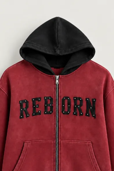 Reborn - Kırmızı - Oversize Fit Fermuarlı - Kapüşonlu Erkek Sweatshirt