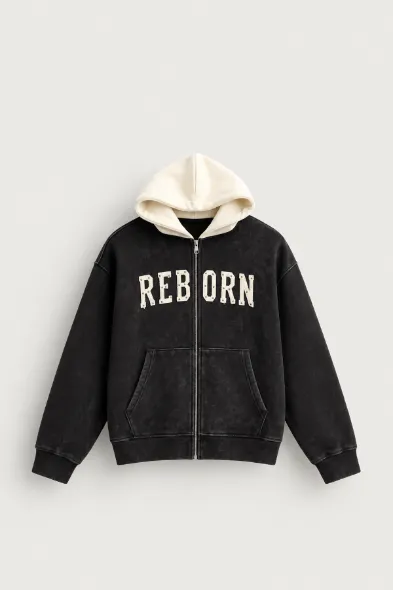 Reborn - Siyah - Oversize Fit Fermuarlı - Kapüşonlu Erkek Sweatshirt