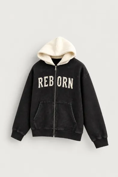 Reborn - Siyah - Oversize Fit Fermuarlı - Kapüşonlu Erkek Sweatshirt