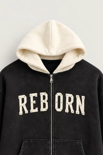 Reborn - Siyah - Oversize Fit Fermuarlı - Kapüşonlu Erkek Sweatshirt