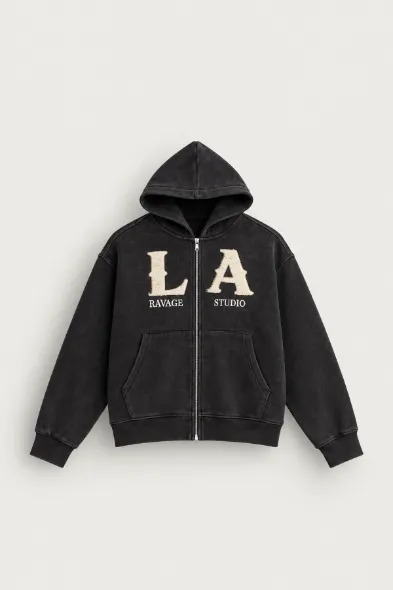 LA Ravage - Siyah - Oversize Fit - Fermuarlı Erkek Ceket ve Erkek Eşofman Takımı