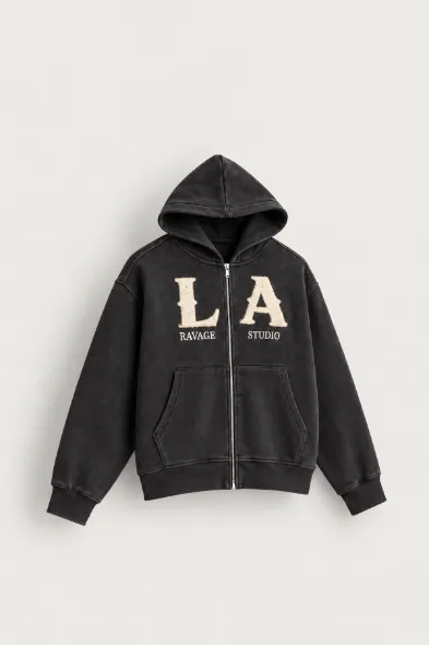 LA Ravage - Siyah - Oversize Fit - Fermuarlı Erkek Ceket ve Erkek Eşofman Takımı