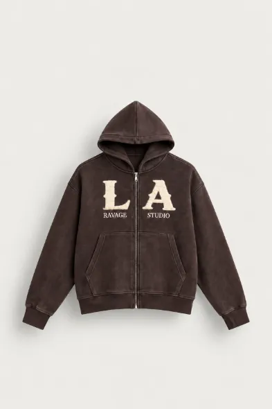 LA Ravage - Kahverengi - Oversize Fit - Fermuarlı Erkek Ceket ve Erkek Eşofman Takımı