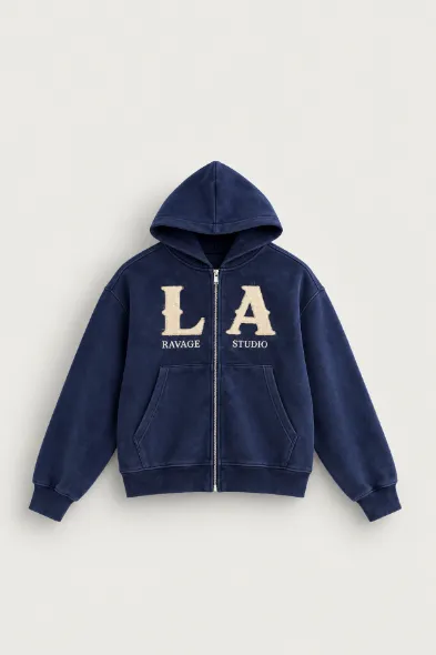 LA Ravage - Lacivert - Oversize Fit - Fermuarlı Erkek Ceket ve Erkek Eşofman Takımı