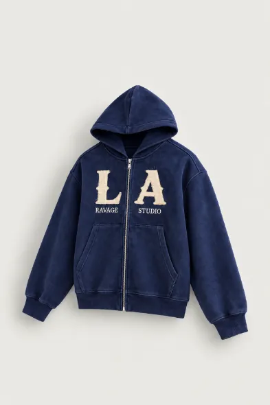 LA Ravage - Lacivert - Oversize Fit - Fermuarlı Erkek Ceket ve Erkek Eşofman Takımı