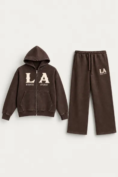 LA Ravage - Kahverengi - Oversize Fit - Fermuarlı Erkek Ceket ve Erkek Eşofman Takımı