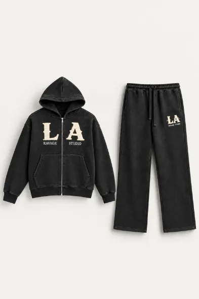 LA Ravage - Siyah - Oversize Fit - Fermuarlı Erkek Ceket ve Erkek Eşofman Takımı