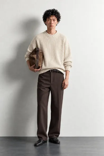 Lars - Ekru - Bisiklet Yaka - Oversize Fit - Pamuklu Erkek Kazak