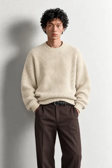 Lars - Ekru - Bisiklet Yaka - Oversize Fit - Pamuklu Erkek Kazak