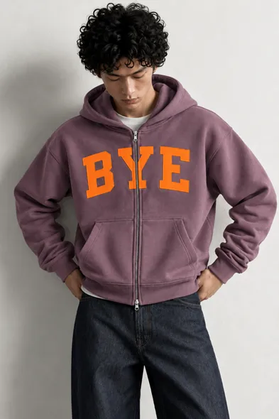 Bye - Mürdüm - Boxy Fit - Çift Fermuarlı Kapüşonlu - Erkek Sweatshirt