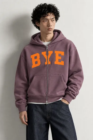 Bye - Mürdüm - Boxy Fit - Çift Fermuarlı Kapüşonlu - Erkek Sweatshirt