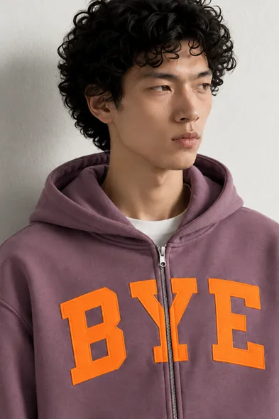 Bye - Mürdüm - Boxy Fit - Çift Fermuarlı Kapüşonlu - Erkek Sweatshirt