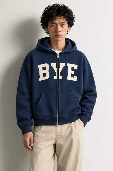 Bye - Lacivert - Boxy Fit - Çift Fermuarlı Kapüşonlu - Erkek Sweatshirt