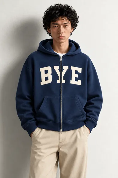 Bye - Lacivert - Boxy Fit - Çift Fermuarlı Kapüşonlu - Erkek Sweatshirt