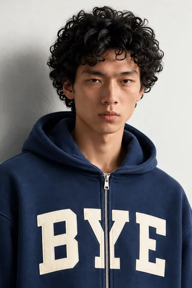 Bye - Lacivert - Boxy Fit - Çift Fermuarlı Kapüşonlu - Erkek Sweatshirt