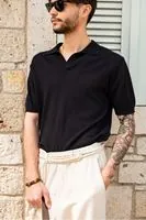 Alten Siyah Polo Yaka %100 Pamuk Triko Erkek Tshirt