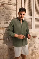 Ulivo Haki Keten Erkek Gömlek 