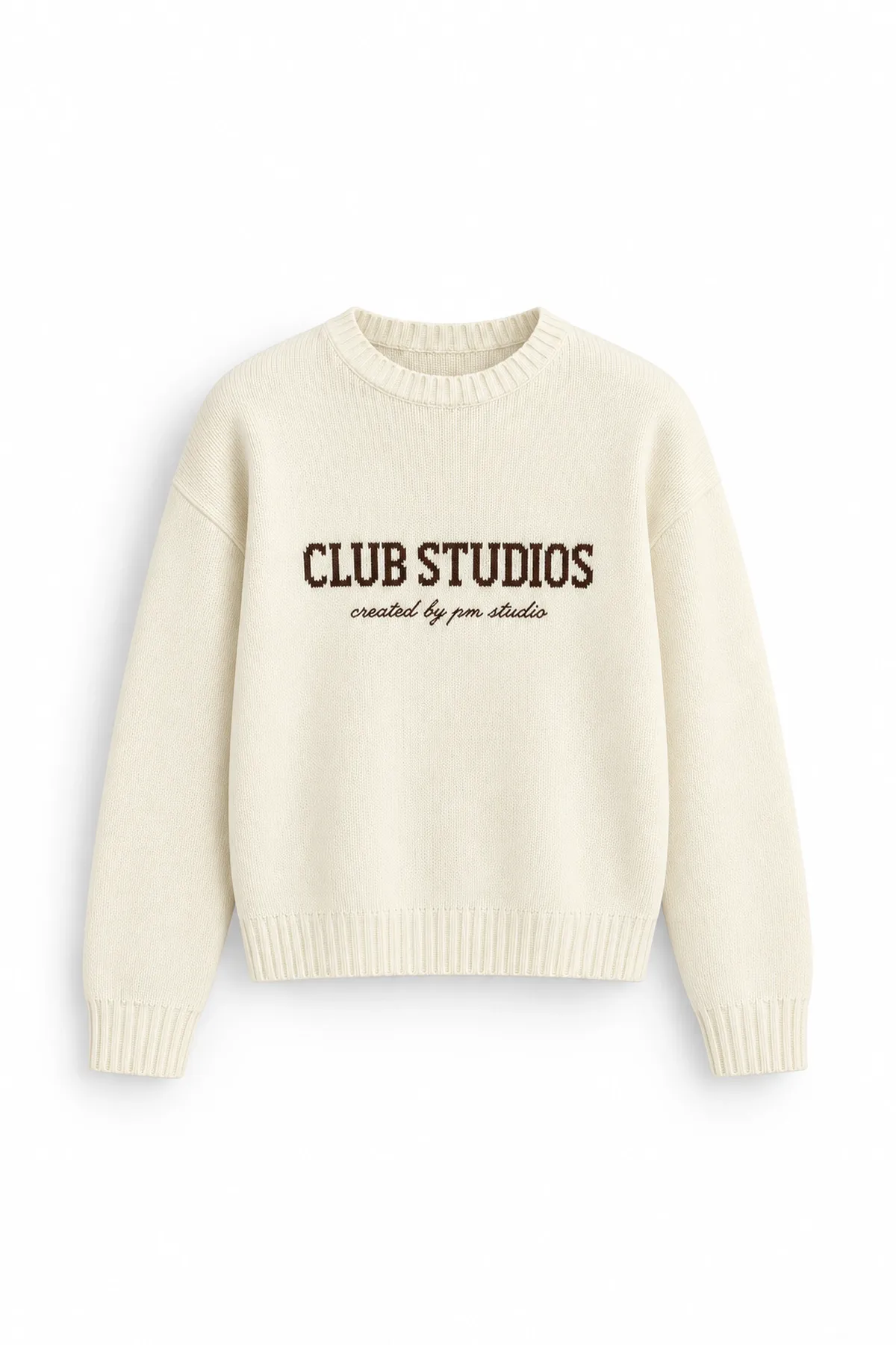 Club Studios - Beyaz - Boxy Fit Bisiklet Yaka - Erkek Kazak