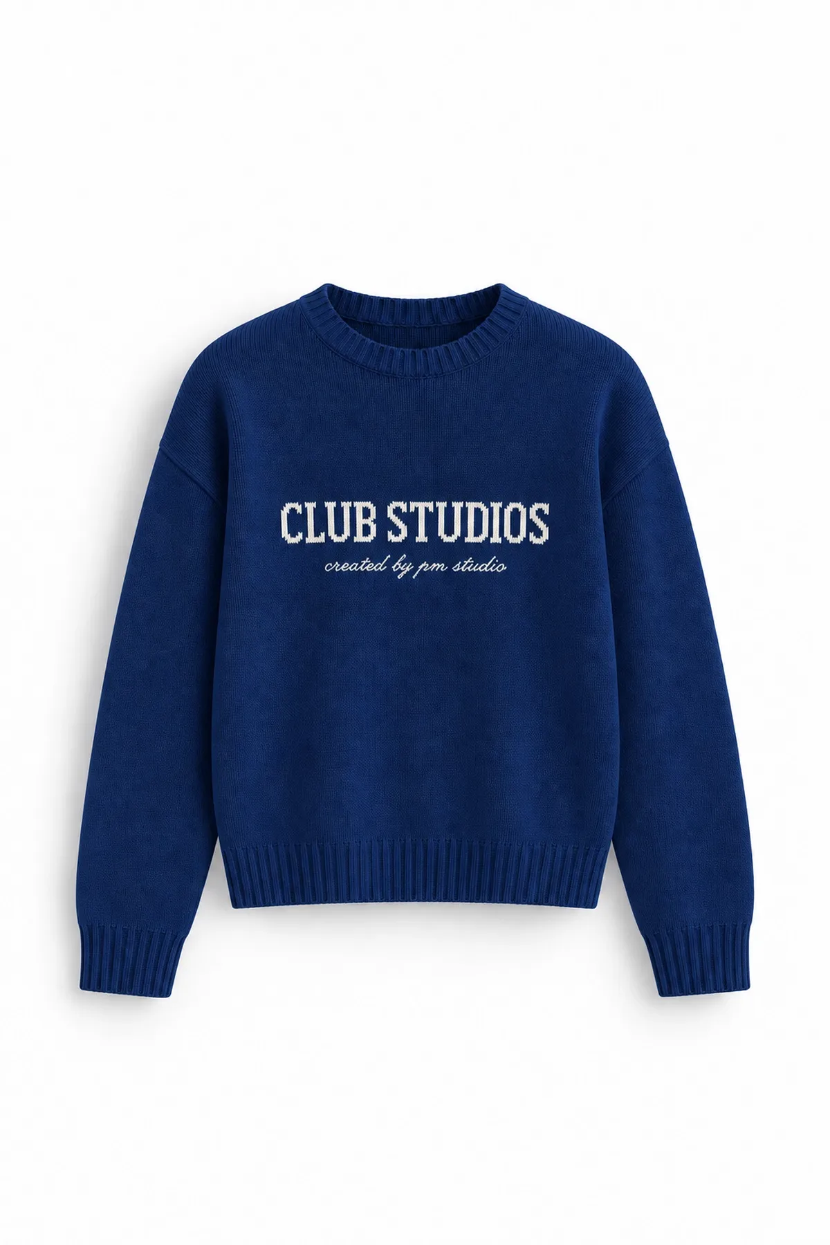Club Studios - Mavi - Boxy Fit Bisiklet Yaka - Erkek Kazak