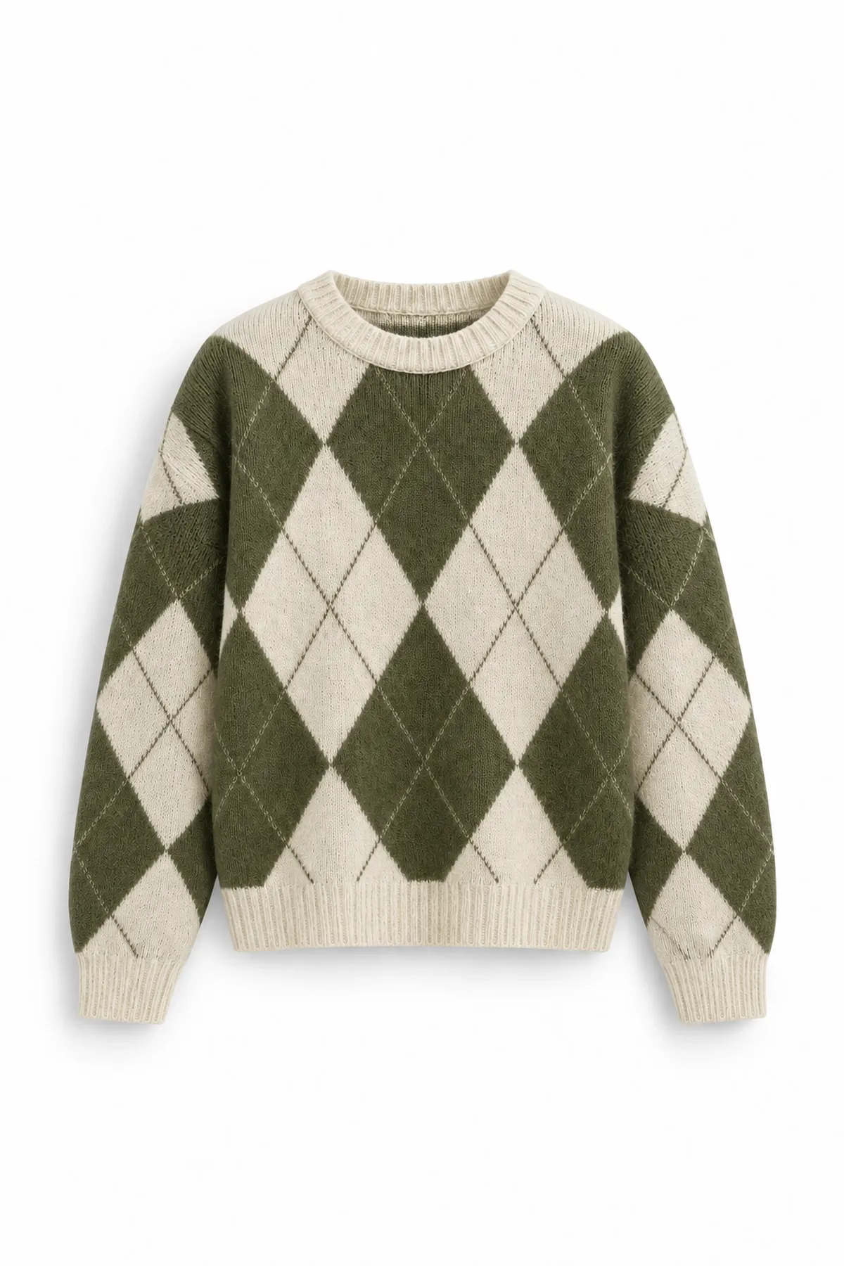 Nash - Haki - Baklava Desenli Bisiklet Yaka - Oversize Fit - Pamuklu Erkek Kazak