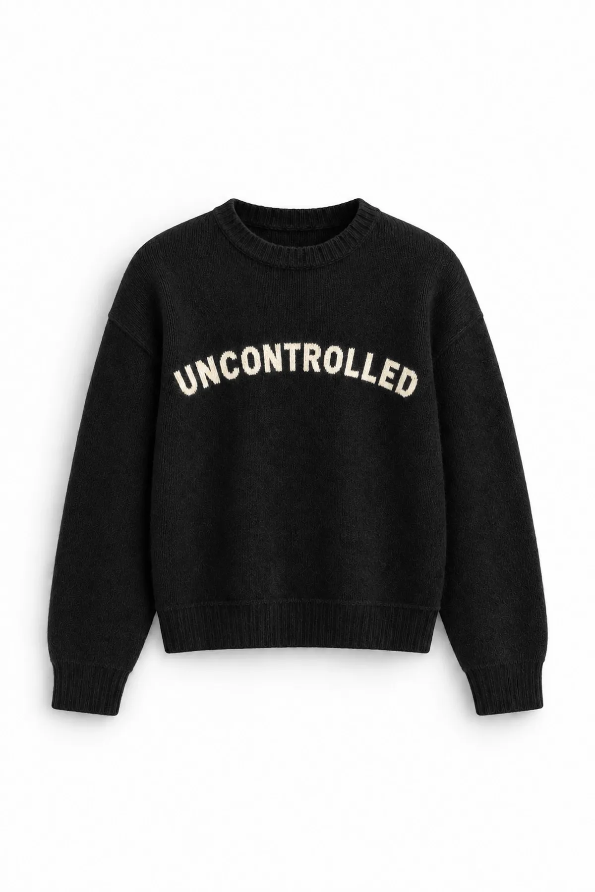 Uncontrolled - Siyah - Bisiklet Yaka - Oversize Fit - Pamuklu Erkek Kazak