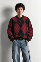 Nash - Bordo - Baklava Desenli Bisiklet Yaka - Oversize Fit - Pamuklu Erkek Kazak