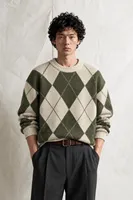 Nash - Haki - Baklava Desenli Bisiklet Yaka - Oversize Fit - Pamuklu Erkek Kazak