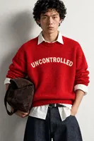 Uncontrolled - Kırmızı - Bisiklet Yaka - Oversize Fit - Pamuklu Erkek Kazak