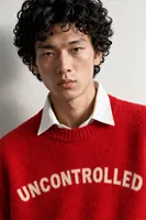 Uncontrolled - Kırmızı - Bisiklet Yaka - Oversize Fit - Pamuklu Erkek Kazak