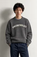 Uncontrolled - Antrasit - Bisiklet Yaka - Oversize Fit - Pamuklu Erkek Kazak