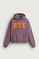 Bye - Mürdüm - Boxy Fit - Çift Fermuarlı Kapüşonlu - Erkek Sweatshirt