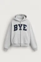 Bye - Açık Gri - Boxy Fit - Çift Fermuarlı Kapüşonlu - Erkek Sweatshirt