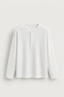Kiearan - Beyaz - Yakası Düğmeli - Uzun Kollu Erkek Tshirt