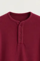 Kiearan - Bordo - Yakası Düğmeli - Uzun Kollu Erkek Tshirt