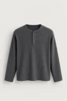 Kiearan - Koyu Gri - Yakası Düğmeli - Uzun Kollu Erkek Tshirt