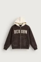 Reborn - Kahverengi - Oversize Fit Fermuarlı - Kapüşonlu Erkek Sweatshirt
