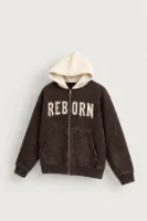Reborn - Kahverengi - Oversize Fit Fermuarlı - Kapüşonlu Erkek Sweatshirt