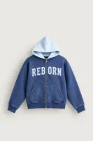 Reborn - Lacivert - Oversize Fit Fermuarlı - Kapüşonlu Erkek Sweatshirt