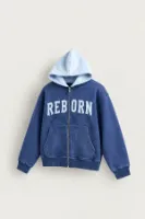 Reborn - Lacivert - Oversize Fit Fermuarlı - Kapüşonlu Erkek Sweatshirt