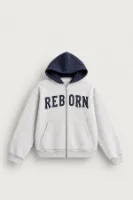 Reborn - Gri - Oversize Fit Fermuarlı - Kapüşonlu Erkek Sweatshirt
